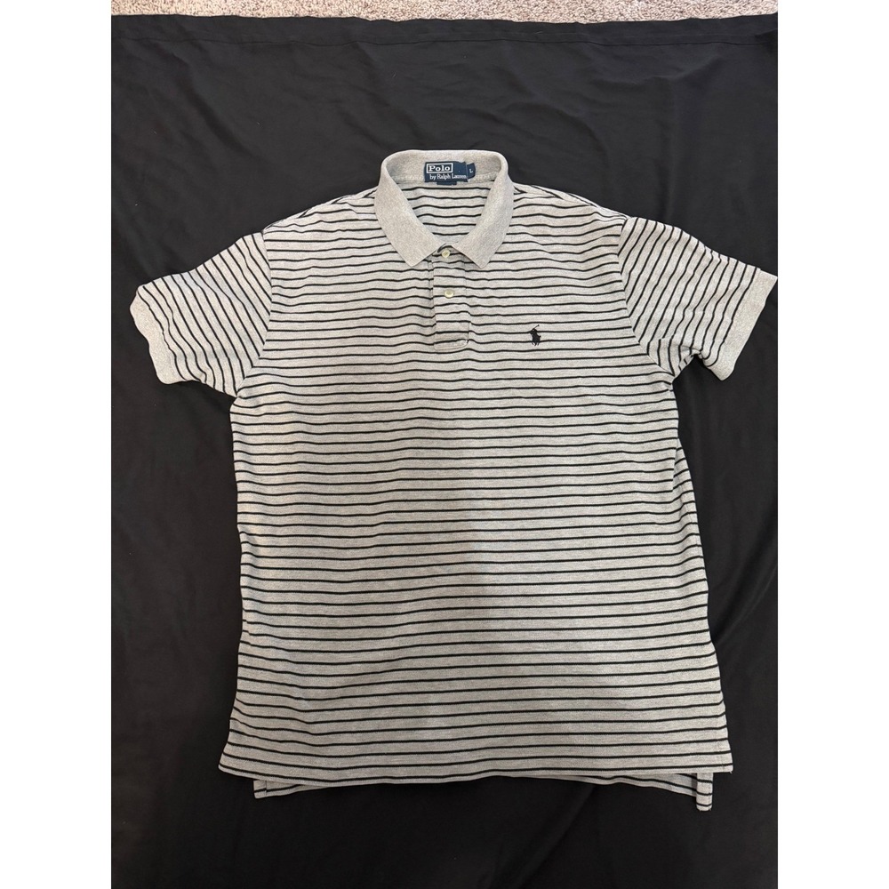 Polo Ralph Lauren Mens Large Grey Black Striped Short Sleeve Pique Polo Shirt